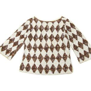 Vintage 3/4 Bell Sleeve 60s Harlequin Sequin Zip Up Boat Neck Sweater Top S/M